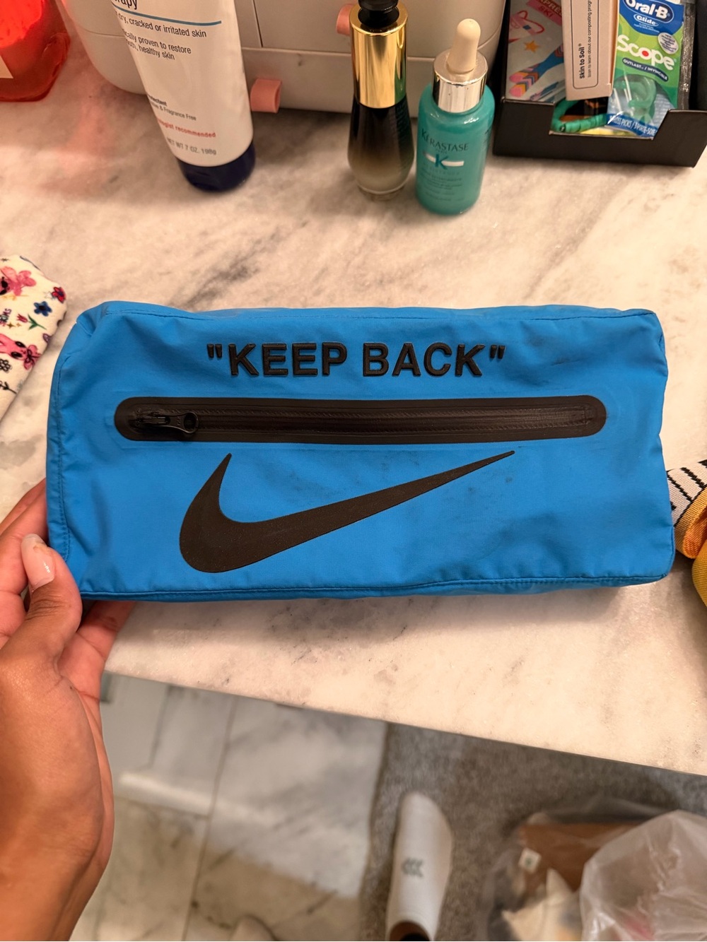 *REAL* Nike x OFF WHITE Blue Zip Fanny with Black Swoosh and 'KEEP BACK' Text